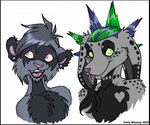 ambiguous_gender anthro belly black_belly black_body black_fur blue_hair chest_tuft crosshawk duo ear_piercing ear_tuft facial_piercing fur glamfur green_eyes green_hair grey_body grey_fur grey_hair hair heart_symbol liberty_spikes long_ears looking_at_viewer marium markings multicolored_body multicolored_fur multicolored_hair nose_piercing open_mouth piercing pink_nose purple_eyes septum_piercing simple_background smile spots spotted_body spotted_fur tongue tongue_out tongue_piercing tuft two_tone_body two_tone_fur two_tone_hair white_background zeriara skihi mammal procyonid raccoon 2005