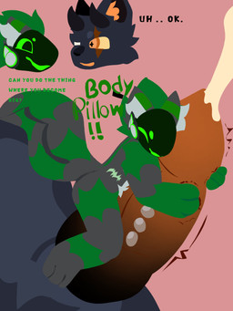 anthro black_penis blue_body blue_fur bodily_fluids cum dialogue duo ejaculation eye_scar eyes_closed facial_scar fur genital_fluids genital_piercing genitals gradient_penis green_body green_fur grey_body grey_fur grey_inner_ear_fluff horn hugging_penis inner_ear_fluff knot machine macro male male/male open_mouth orange_eyes orange_inner_ear_fluff orange_penis penis penis_piercing piercing scar size_difference size_play tail tail_mouth text tuft unusual_anatomy unusual_bodily_fluids unusual_cum unusual_genital_fluids unusual_tail crime_toaster crime_(crime_toaster) stritte canid canine canis mammal protogen wolf 3:4 english_text hi_res