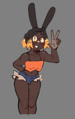 5_fingers animal_ears band-aid band-aid_on_face band-aid_on_nose bandage bandage_on_face bandage_on_nose bangs blue_bottomwear blue_clothing blue_shorts bottomwear brown_body brown_ears brown_eyebrows brown_hair clothed clothed_female clothed_humanoid clothing collarbone crop_top dark_body dark_skin denim denim_bottomwear denim_clothing denim_shorts eyebrows female female_humanoid fingers flat_chested front_view gesture grey_background hair hand_behind_back hand_gesture midriff multicolored_hair navel orange_clothing orange_crop_top orange_hair orange_shirt orange_topwear parted_bangs shirt shorts simple_background smile solo topwear two_tone_hair v_sign derpyfox_36 resso_(derpyfox_36) animal_humanoid humanoid lagomorph lagomorph_humanoid leporid_humanoid mammal mammal_humanoid rabbit_humanoid 2023 digital_drawing_(artwork) digital_media_(artwork) portrait three-quarter_portrait