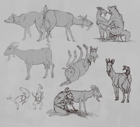 animal_genitalia avian_caruncle bestiality bodily_fluids breast_milking dewlap_(anatomy) feral genitals hooves horn interspecies knotting lactating male teats udders vulva wattle technesaurus alpine_goat bovid canid canine canis caprine coyote domestic_goat gnoll goat hyena mammal absurd_res hi_res sketch sketch_page