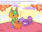 autumn blush carving clothing cloud dialogue_box dress female food fruit fur grass green_clothing green_dress jack-o'-lantern leaf orange_(fruit) orange_body orange_fur outside plant smile solo standing sun text anonymous_artist animal_crossing nintendo tangy_(animal_crossing) domestic_cat felid feline felis gyroid mammal