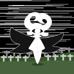 ambiguous_gender big_eye cemetery distorted_background horn looking_at_viewer not_furry solo standing tombstone wings arte_misee cyclops humanoid unknown_species 1:1