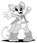 anthro arms_above_head cape clothed clothing diaper footwear male open_mouth pose shoes smile solo teeth tongue wearing_diaper young young_anthro parumpee lucky's_tale_(series) playful_corp. lucky_swiftail canid canine fox mammal absurd_res black_and_white hi_res monochrome