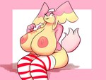 anthro areola big_breasts breasts clothing female hat headgear headwear huge_breasts leggings legwear looking_at_viewer mostly_nude multicolored_body nipples open_mouth pink_areola pink_nipples sitting solo two_tone_body goopyarts nintendo pokemon raina_(goopyarts) audino generation_5_pokemon pokemon_(species) 4:3 hi_res