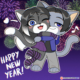 anthro black_body black_fur black_hair black_undershirt blue_clothing blue_eyes blue_jacket blue_topwear blush bottomwear celebrating celebration clothing couples duo female flirting footwear fur gloves grey_body grey_bottomwear grey_clothing grey_fur grey_pants hair handwear heart_symbol holidays hug jacket looking_at_viewer male one_eye_closed pants purple_bottomwear purple_clothing purple_footwear purple_gloves purple_handwear purple_shirt purple_skirt purple_socks purple_topwear shirt skirt smile socks tail tongue topwear wink winking_at_viewer pak009 new_year new_year_2026 amanda_(smile4amanda) gojiro_(pak009) domestic_cat felid feline felis mammal russian_blue tuxedo_cat 1:1 2026 hi_res