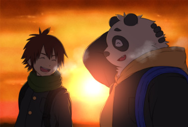 anthro black_body black_fur clothing duo eyes_closed fur humanoid_hands kemono male outside overweight overweight_male scarf shirt sun topwear white_body white_fur noko_illust bear giant_panda mammal 2020
