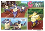 anthro athletic belly belly_overhang benjamin_clawhauser big_belly bodily_fluids bovid bovine canid canine canis cape_buffalo cheetah chief_bogo chubby_cheeks clothing comic dialogue disney duo english_text felid feline hi_res male mammal moobs muscular overweight overweight_anthro overweight_male pantherine police priapup running shirt speech_bubble sweat text tight_clothing tight_shirt tight_topwear topwear wolf zootopia