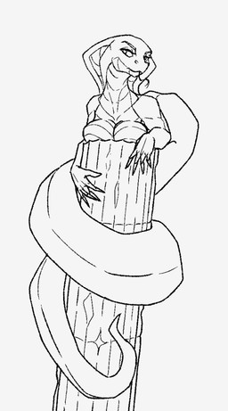 anthro apode breasts coiling column female forked_tongue legless looking_at_viewer non-mammal_breasts scales serpentine snake_hood solo tongue tongue_out ventral_scales akweer cobra draconcopode naga reptile scalie snake 2020 full-length_portrait monochrome portrait