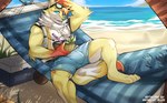 alcohol anthro beach beverage bulge clothed clothing cocktail drinking male muscular muscular_anthro muscular_male seaside solo summer swimwear midnight_blue canid canine canis demon hybrid mammal wolf hi_res