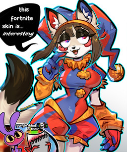 anthro biped breasts claws clothed clothed_anthro clothed_female clothing female fingers front_view fur hair simple_background smile solo standing tail teeth tongue praquina glitch_productions the_amazing_digital_circus jax_(tadc) pomni_(tadc) domestic_cat felid feline felis lagomorph leporid mammal rabbit 2026 absurd_res digital_drawing_(artwork) digital_media_(artwork) hi_res