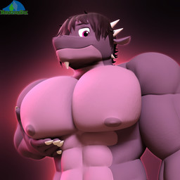 anthro big_muscles big_pecs hair hair_over_eye hand_on_pec horn huge_pecs looking_at_viewer male muscular muscular_male nails nipples pecs purple_body purple_eyes purple_hair purple_scales scales sharp_nails simple_background smile smiling_at_viewer solo albalbalb mythology keven_(albalbalb) dragon mythological_creature mythological_scalie scalie 1:1 2025 3d_(artwork) digital_media_(artwork) hi_res watermark