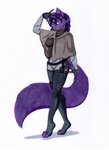 4_fingers 4_toes anthro clothed clothing feet female fingers hair purple_hair simple_background solo standing toes white_background yellow_eyes tierafoxglove lain_(purestorm) canid canine fox mammal 2020 hi_res traditional_media_(artwork)