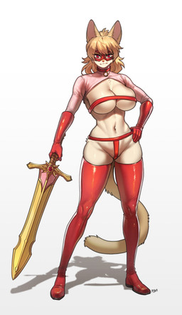 anthro big_breasts biped breasts clothed clothed_anthro clothed_female clothing female front_view gloves hair handwear holding_melee_weapon holding_object holding_sword holding_weapon looking_at_viewer melee_weapon navel simple_background solo standing sword tail weapon pgm300 felid feline mammal 2026 absurd_res digital_drawing_(artwork) digital_media_(artwork) hi_res