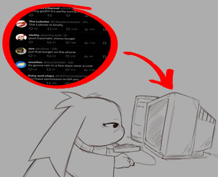 ambiguous_gender anthro circle closed_frown clothing computer_keyboard computer_monitor computer_mouse directional_arrow doomscrolling eye_bags eyebrows eyes_mostly_closed facial_scar floppy_ears frown grey_background hair mouth_closed narrowed_eyes paws scar screencap side_view simple_background solo sweater text tired_eyes topwear x_scar oofmasterxd cave_story twitter sue_sakamoto lagomorph mammal mimiga 2026 english_text widescreen female_(lore)