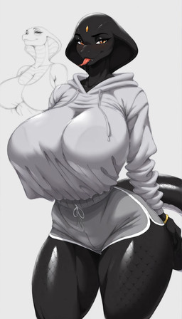anthro athletic athletic_anthro big_breasts black_body bodily_fluids breasts clothed clothing dolphin_shorts female hoodie huge_breasts looking_at_viewer mature_female oversized_clothing oversized_shirt oversized_topwear saliva saliva_string scales shirt simple_background solo tail thick_thighs tongue tongue_out topwear wide_hips smokeye fan_character reptile scalie detailed digital_media_(artwork) hi_res portrait three-quarter_portrait