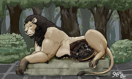 anthro anthro_prey balls belly big_belly black_body black_fur brown_body brown_fur brown_mane detailed_background duo erection feral feral_pred forest forest_background frown fur genitals inside_stomach internal long_tail looking_at_viewer lying male male/male male_prey mane masturbating_prey masturbation nature nature_background nude nude_feral nude_prey on_front pedestal penis plant shrub side solo tail tail_tuft tan_body tan_fur text tree tuft vore white_text yellow_eyes jeri_kleinlowe felid lion mammal mephitid pantherine skunk 2022 5:3 colored dated signature