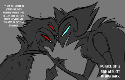 angry anthro blue_eyes clothing crown dialogue duo eye_contact formal_clothing formal_wear gesture grey_background grin hair hand_gesture headgear looking_at_another male pointing pointing_at_another red_eyes short_hair simple_background smile text white_text teathekook hellaverse helluva_boss andrealphus_(helluva_boss) stolas_(helluva_boss) avian bird owl owl_demon english_text hi_res