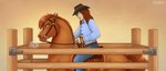 ambiguous_gender angry bit_gag blue_eyes bridle brown_body brown_hair brown_mane brown_tail clothing cowboy_hat duo eyebrows fence feral gag gradient_background hair hat headgear headwear looking_at_another looking_back looking_down male mane reins restraints saddle saddle_pad simple_background snorting stocks tail text worried jenery equid equine horse human mammal 2025 artist_name digital_media_(artwork) english_text hi_res watermark