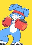 accessory anthro blue_body blue_fur boxing_gloves claws clothing fur handwear headband male punch simple_background solo yellow_background tinntira bandai_namco digimon canid canine digimon_(species) gaomon mammal absurd_res hi_res