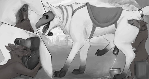 all_fours anal anal_penetration animal_genitalia anthro anthro_on_feral anthro_penetrating anthro_penetrating_feral ball_fondling ball_lick balls bestiality bodily_fluids bound breath bucket butt_sniffing canine_genitalia chain chain_leash chained container cum cum_in_bucket cum_in_container deep_rimming dripping duo feral feral_penetrated fondling genital_fluids genitals larger_feral larger_male larger_penetrated leaking_precum leash licking male male/male male_anthro male_feral milking_cum mount/rider_relations musk musky_balls musky_butt musky_penis oral penetration penile penis penis_milking penis_on_face precum precum_drip precum_on_face precum_on_penis precum_string raised_tail rimming rimming_male saddle sex sheath size_difference smaller_anthro smaller_male sniffing snout_fuck tail tongue corvidtree garvark_(corvidtree) canid canine mammal hi_res monochrome