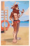 anthro beach bulge clothing fur half_naked horn lifeguard lifeguard_swimsuit looking_at_viewer male multicolored_body multicolored_fur nipples orange_eyes outside sand seaside simple_background sky smile solo swimwear two_tone_body two_tone_fur water wet wet_body redsmock bowie_(bucklin) avian bird corvid deer mammal oscine passerine absurd_res digital_media_(artwork) full-length_portrait hi_res portrait