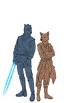 anthro blue_lightsaber boots clothed clothing crossed_arms duo footwear jedi lightsaber looking_at_another male melee_weapon shoes simple_background standing weapon white_background ffog star_wars fan_character canid canine canis jackal mammal reptile scalie trandoshan 2021 absurd_res hi_res