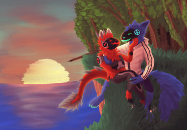 anthro duo forest machine male male/male plant romantic romantic_couple sunset tree davias00 protogen hi_res