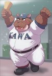 anthro baseball_uniform belly blush bottomwear bulge clothing hat headgear headwear kemono male overweight overweight_male pants shirt solo sportswear text text_on_clothing text_on_shirt text_on_topwear topwear uniform 00murice common_hippopotamus hippopotamid mammal 2024