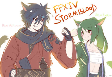 blue_eyes blush female fist_bump gesture green_eyes male simple_background smile text white_background sollyz final_fantasy final_fantasy_xiv square_enix animal_humanoid cat_humanoid felid felid_humanoid feline feline_humanoid humanoid mammal mammal_humanoid 2017 digital_drawing_(artwork) digital_media_(artwork) english_text signature