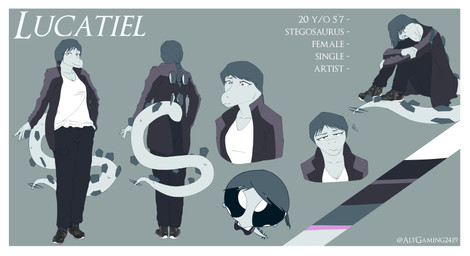 anthro back_spikes black_clothing black_footwear black_shoes black_sneakers bottomwear clothing denim denim_bottomwear denim_clothing female footwear grey_body grey_hair grey_scales hair jacket jeans long_tail pants purple_eyes scales shirt shoes sneakers solo spiked_tail spikes spikes_(anatomy) tail text topwear white_clothing white_shirt white_topwear altgaming2419 cavemanon_studios snoot_game fan_character lucatiel_(altgaming2419) dinosaur ornithischian prehistoric_species reptile scalie stegosaurian stegosaurus thyreophoran 2025 absurd_res artist_name digital_drawing_(artwork) digital_media_(artwork) english_text hi_res model_sheet watermark