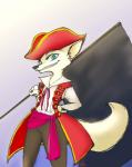 anthro black_nose blue_eyes bottomwear clothed clothing flag flag_(object) fully_clothed fur gradient_background grin hand_on_hip hat headgear headwear holding_flag holding_object looking_at_viewer pants shirt simple_background smile solo topwear tricorne white_body white_fur marema_kishin disney zootopia skye_(zootopia) arctic_fox canid canine fox mammal true_fox 2019 hi_res