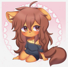 3_fingers :3 ahoge anthro arm_markings arm_support arm_tattoo black_nails black_nose blush border brown_body brown_eyes brown_fur brown_hair chest_markings chest_tattoo chibi clothing colored_nails eyebrow_through_hair eyebrows facial_markings facial_piercing facial_tattoo female fingers floppy_ears fur furgonomic_piercing furgonomics gradient_background hair head_markings heart_symbol inner_ear_fluff long_hair looking_aside markings messy_hair muzzle_piercing nails neck_markings neck_tattoo nose_piercing piercing pink_background shirt simple_background solo tattoo thick_thighs topwear translucent translucent_hair tuft white_border creamiiapuff apogee_(tinygaypirate) canid canine canis domestic_dog mammal spitz full-length_portrait hi_res portrait
