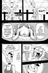 2:3 anthro breasts canid canine canis cleavage clothed clothing comic daigaijin dialogue domestic_dog duo english_text female furryfight_chronicles hi_res lagomorph leporid male mammal mellow_(furryfight_chronicles) monochrome muko poodle rabbit text