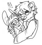ambiguous_gender anthro clothed clothing duo exclamation_point eyewear glasses hug male smile redpixie red_(redpixie) bear canid canine mammal monochrome