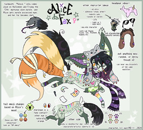 2000s_theme 2010s_theme 3_tails abstract_background big_ears black_hair black_tail border cat_hat closed_smile clothing eyewear feathered_wings feathers female female_feral feral fur green_body green_border green_ears green_fur grey_clothing grey_hat grey_headwear hair hat headgear headwear jewelry leg_wings mouth_closed multi_tail necklace open_mouth open_smile orange_eyes orange_tail paper pattern_clothing pattern_scarf paws pink_tongue plushie purple_inner_ear purple_scarf scarf smile solo sparklefur stamp striped_clothing striped_scarf stripes style_emulation sunglasses tail tail_mouth text tongue tongue_out unusual_anatomy unusual_tail unusual_wing_placement white_wings wings yellow_tail chatoyancy deviantart naruto alice_da_fox kakashi_hatake canid canine fox mammal 2024 aliasing digital_drawing_(artwork) digital_media_(artwork) english_text model_sheet