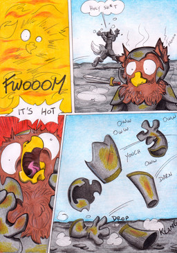anthro armor beak brown_body brown_feathers dialogue dipstick_tail duo feathers fire fur grey_body grey_fur male markings melee_weapon multicolored_body multicolored_fur onomatopoeia pink_tongue running_away sound_effects speech_bubble sword tail tail_markings text tongue weapon white_body white_fur white_tail_tip yellow_beak chocolatechilla avian bird canid mammal comic english_text hi_res