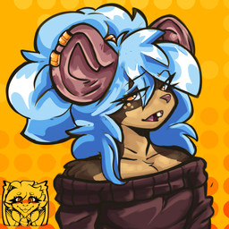 anthro blue_hair brown_body brown_clothing brown_fur brown_sweater brown_topwear clothing femboy feminine fur hair male orange_eyes piercing sheva_(aluei) sweater topwear aluei mammal mouse murid murine rodent 1:1 absurd_res hi_res