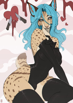 anthro biped breasts bulge claws clothed clothed_anthro clothed_gynomorph clothed_intersex clothing countershade_torso countershading fingers front_view fur gynomorph hair intersex sitting smile solo spots tail noodlerain felid feline mammal 2026 absurd_res digital_drawing_(artwork) digital_media_(artwork) hi_res