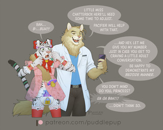 ageplay ambiguous_gender anthro babbling belt biped black_body black_fur bodily_fluids bow_ribbon clothed clothing confusion crossdressing dialogue diaper doctor dress duo fur genital_fluids green_body green_eyes green_fur head_bow implied_chastity infantilism lock_symbol loss_of_speech male markings medical_regression mental_regression multicolored_body multicolored_fur open_mouth pacifier pink_clothing pink_dress pink_nose raised_tail roleplay simple_background smile speech_bubble striped_markings striped_tail stripes tail tail_markings teeth text unclean_diaper urine used_diaper wearing_diaper wet_diaper wetting white_body white_fur puddlepup nalias_noxfera felid mammal pantherine tiger 2023 5:4 digital_media_(artwork) english_text hi_res