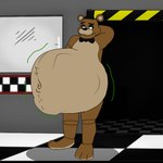 1:1 abdominal_bulge alejo_garci animatronic anthro anthro_pred bear belly belly_fur big_belly black_clothing black_hat black_headwear black_ribbon body_hair clothing five_nights_at_freddy's freddy_(fnaf) fur hand_behind_back hand_behind_head happy hat headgear headwear inside machine male male_pred mammal navel nude ribbons robot satisfied satisfied_look scottgames smile smiley_face solo standing unseen_prey vore