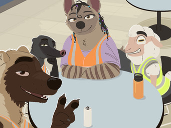 4_fingers accessory amber_eyes anthro beads beverage_can black_hair black_nose bottle bottomwear brown_body brown_eyes brown_fur chair chin_tuft claws clothing container crossed_arms eyebrows facial_markings facial_tuft female fingers fur furniture gesture green_eyes grey_body grey_bottomwear grey_clothing grey_fur grey_pants grey_shirt grey_topwear group group_photo hair hair_accessory hair_beads half-closed_eyes hand_gesture head_markings horizontal_pupils inside looking_at_viewer male markings mask_(marking) multicolored_body multicolored_fur narrowed_eyes on_chair open_mouth open_smile pants pawpads pink_clothing pink_nose pink_shirt pink_topwear pupils safety_vest shirt sitting sitting_on_chair smile striped_arms table topwear tuft v_sign vest water_bottle white_clothing white_shirt white_topwear wool_(fur) conditional_dnp tangerine_(artist) pack_street jason_(weaver) jazz_(weaver) raul_(weaver) remmy_cormo badger bovid caprine gulonine hog_badger hyena mammal mustelid musteline sheep striped_hyena wolverine 2026 aliasing binary_drawing digital_drawing_(artwork) digital_media_(artwork) hi_res