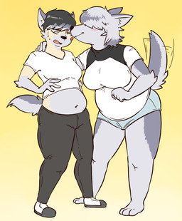 anthro assimilation barefoot belly belly_peeking_out big_breasts biped black_hair blush bodily_fluids bottomwear breasts clothed clothing cute_fangs duo face_lick fangs feet female footwear fur gender_transformation grey_body grey_fur grey_hair hair hair_over_eyes hand_on_shoulder human_to_anthro licking mtf_transformation navel one_eye_closed open_mouth overweight overweight_anthro overweight_female pants shirt shoes shorts simple_background slightly_chubby slippers smile species_transformation standing sweat sweatdrop tail tail_motion tailwag teeth tongue tongue_out topwear transformation weight_difference weight_gain yellow_background subakitsu mythology plus-sized_elf raika_(plus-sized_elf) canid canine canis human mammal mythological_canine mythological_creature werecanid werecanine werecreature werewolf wolf 2019