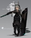 animal_ears armor ballistic_shield bottomwear breasts clothed clothing female fully_clothed grey_hair gun hair holding_gun holding_object holding_ranged_weapon holding_weapon ranged_weapon shield shirt simple_background skirt solo standing topwear weapon asicah animal_humanoid humanoid 2017