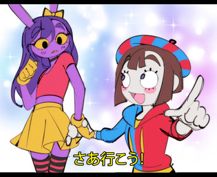 accessory anthro black_choker black_jewelry black_necklace bottomwear bow_ribbon brown_hair choker clothing crop_top duo female fur gloves hair hair_accessory hair_bow hair_ribbon hand_holding handwear hoodie humanoid_hands jester jewelry legwear long_hair necklace open_mouth pattern_clothing pattern_legwear pattern_thigh_highs pink_clothing pink_crop_top pink_shirt pink_topwear purple_body purple_fur purple_hair red_clothing red_legwear red_thigh_highs ribbons shirt skirt standing striped_clothing striped_legwear striped_thigh_highs stripes t-shirt text thigh_highs topwear yellow_bottomwear yellow_clothing yellow_gloves yellow_hair_bow yellow_handwear yellow_shirt yellow_skirt yellow_t-shirt yellow_topwear lyssahh glitch_productions the_amazing_digital_circus gooseworx's_post-transition_jax_design jax_(tadc) pomni_(tadc) humanoid lagomorph leporid mammal rabbit 2026 absurd_res digital_drawing_(artwork) digital_media_(artwork) hi_res japanese_text translated trans_(lore)