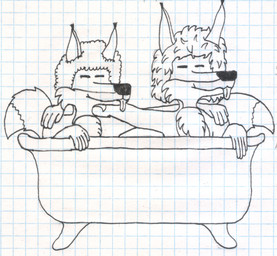 anthro bath bathing duo eyes_closed happy male male/male simple_background tongue tongue_out jozefftech jozefftech_(jozefftech) serdagonn_(character) canid canine canis fox mammal absurd_res hi_res monochrome pen_(artwork) traditional_media_(artwork)