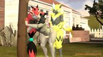 3d_background animal_genitalia anthro black_body black_fur blue_eyes claws duo erection fur genitals grey_body grey_fur hair humanoid_genitalia male male/male nude open_mouth penis pink_nose red_hair yellow_body yellow_fur soda_rakoon nintendo pokemon warfare_machine warfare_zeraora zoroark_(kespr) generation_5_pokemon generation_7_pokemon legendary_pokemon pokemon_(species) zeraora zoroark 16:9 3d_(artwork) digital_media_(artwork) hi_res source_filmmaker_(artwork) widescreen