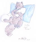 anthro genitals male penis pillow smile solo text zhenya wulfie wulfiewolf canid canine canis mammal wolf 2009