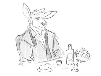 anthro bottle chin_tuft clothed clothing container duo facial_tuft food glass hair male male_anthro mouth_closed narrowed_eyes short_hair simple_background sitting tuft solaxe_(artist) solaxe kangaroo macropod mammal marsupial 4:3 hi_res monochrome sketch