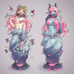 black_sclera blush breasts collar corruption expansion female grey_background hair horn human_to_humanoid humanoid_pointy_ears long_hair long_tongue navel nipples open_mouth pink_hair pointy_ears simple_background smile solo species_transformation standing tentacles tongue tongue_expansion transformation transformation_sequence c-3matome human humanoid mammal monster monstrous_humanoid 1:1 2019 digital_media_(artwork)
