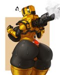 anthro anthrofied armor big_breasts big_butt black_body breasts butt curvy_figure female looking_back machine not_furry question_mark simple_background smoke solo squish thick_thighs thigh_squish wide_hips idler_r deep_rock_galactic ghost_ship_games doretta_(deep_rock_galactic) robot 2022 hi_res